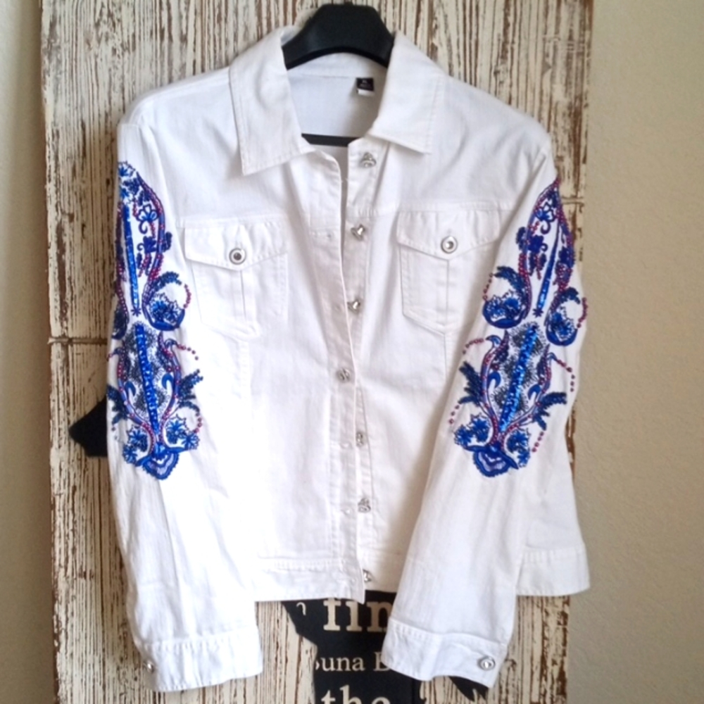 White Denim Jacket w/ Purple & Blue embellishments on the arms